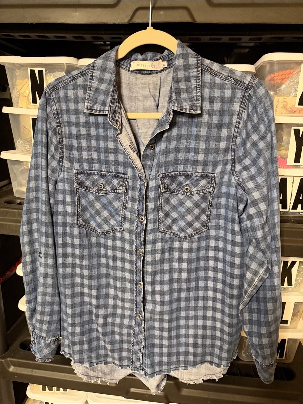 Billy T Blue Plaid Women’s Distressed Tie Back Button-Up Shirt Western XS